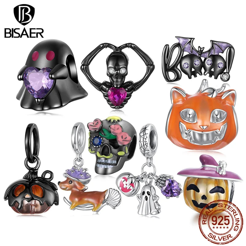 BISAER 925 Sterling Silver Halloween Skull & Pumpkin Charm Bead Pumpkin Cat Magic Crystal Pendant for Women DIY Bracelet Jewelry