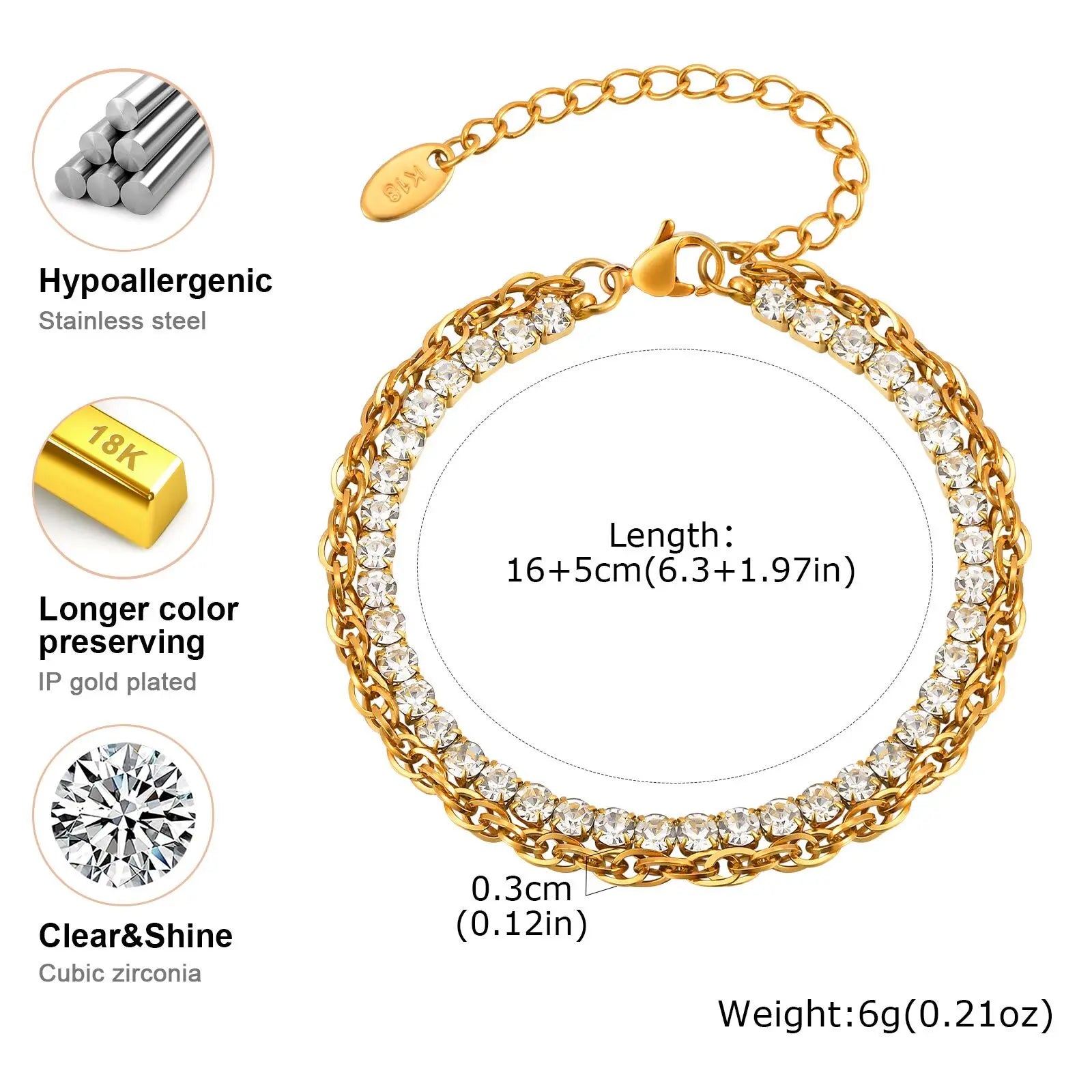 Vnox Stainless Steel Cubic Zirconia Chain Bracelet For Women Double Layer Twist Chain Charm Bracelet Luxury Jewelry Girls Gifts
