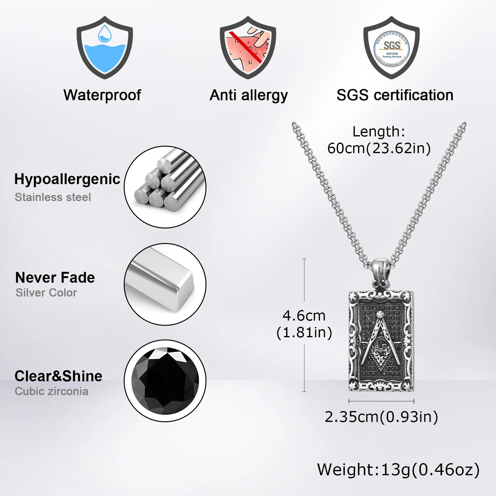 Vnox Mens Freemasonry Necklaces,Geometric Rectangular Badge with Masonry Pendant, US Style Accessory Gift