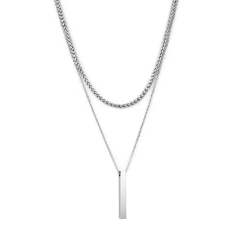 3D Vertical Bar Necklaces for Men Two Layer Stainless Steel Geometric Pendant Snake Chain Cuban Chain Fashion Necklace