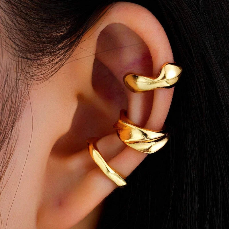 New Exaggerated Wide Clip-On Earrings Set For Women Simple Gold Color Copper Metal Earring Daily Wear Vacation Jewelry Gift