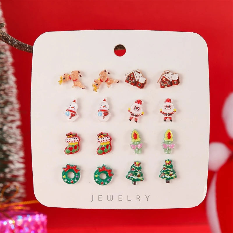 6-12 Pair Christmas Earrings For Women Xmas Tree Elk Snowman Santa Claus Snowflake Stud Earring Set New Year Party Jewelry Gift