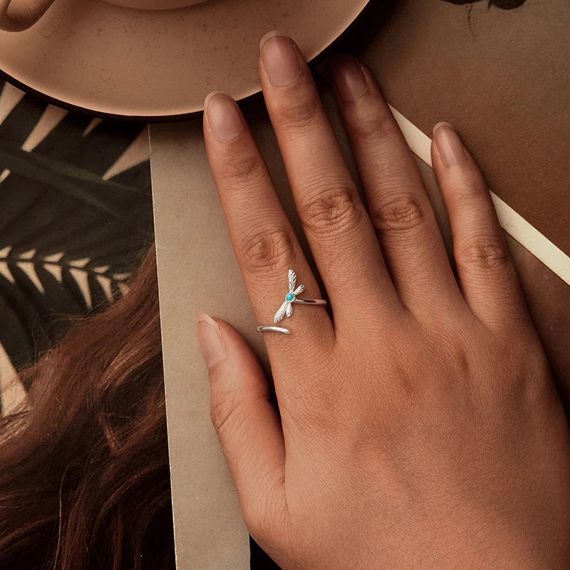 WOSTU 925 Sterling Silver Green Turquoise Dragonfly Stud Earrings Open Ring For Women Party Jewelry set Holiday Jewelry Gift