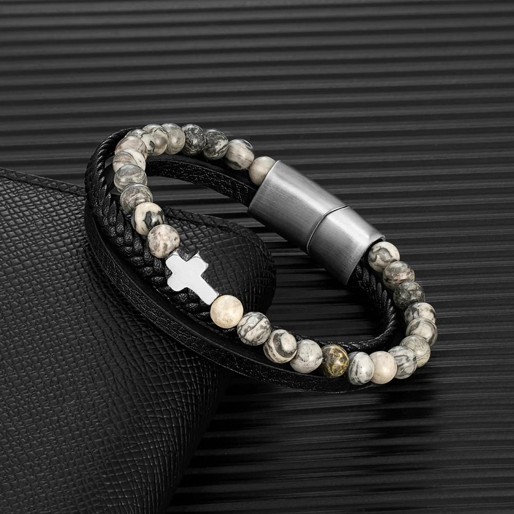 MKENDN Punk Men Cross Bracelet Multilayer Braid Leather Natural Stone Beaded Bracelet Stainless Steel Magnetic Clasp Bangle Gift
