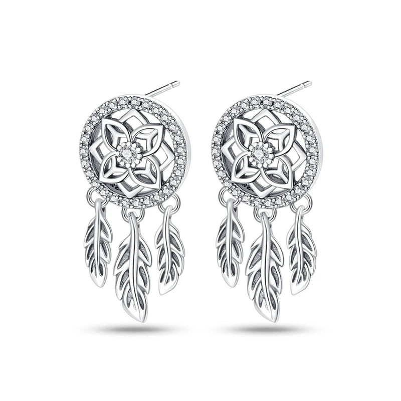New 925 Silver Plated Shiny Dream Catcher Feather Earrings For Women Exquisite Butterfly Earrings Fashion Birthday Jewelry