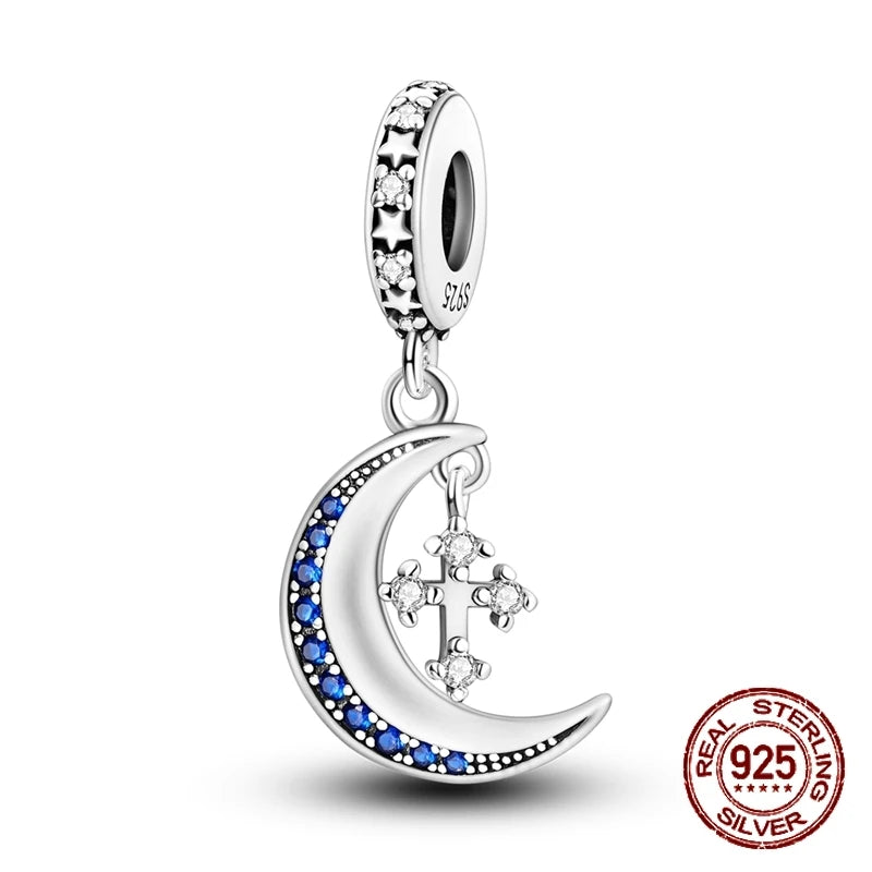 Breloque en argent sterling 925 représentant la lune, l'étoile, l'avion, l'espace, série bleue, compatible avec les bracelets Pandora originaux, bijoux à offrir