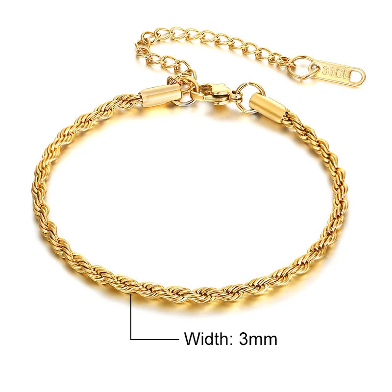 Vnox 2/3/4/5mm Twisted Chain Bracelets for Women Men, Gold Color Stainless Steel Link Chain, Adjustable Minimalist Metal Jewelry - Madeinsea©