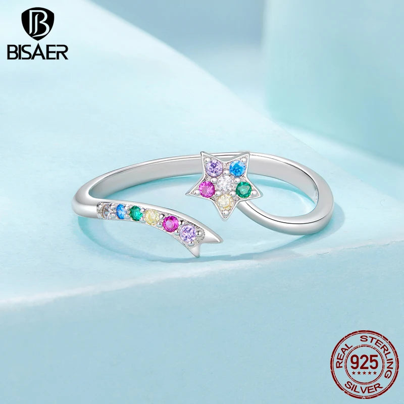 BISAER 925 Sterling Silver Colorful Shooting Star Open Ring Stars Statement Band Adjustable for Women Party Fine Jewelry Gift