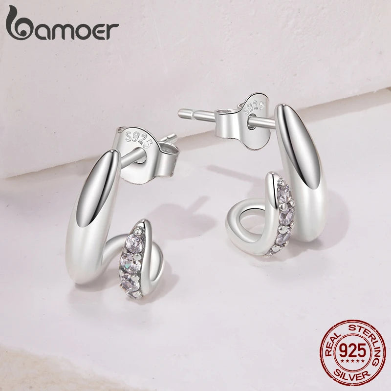 BAMOER 925 Sterling Silver Geometric Double-Layer Stud Earrings CZ Teardrop Earrings Hypoallergenic for Women Simple Xmas Gift