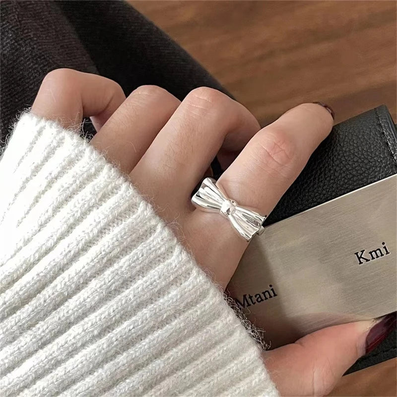 Fashion Bow Ribbon Rings For Women Girls Silver Color Sweet Cute Geometric Bow Knot Opening Finger Ring Wedding Party Jewelry