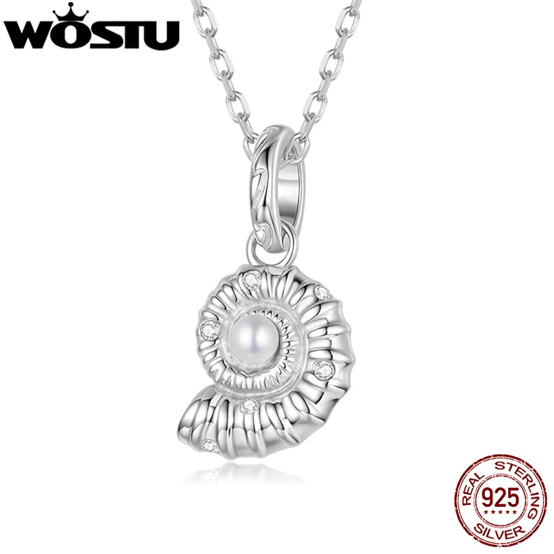 WOSTU 925 Sterling Silver Seashell Pendant Charms With Pearl & CZ, Top Quality Holiday s925 jewelry Sea Shell Chain Links