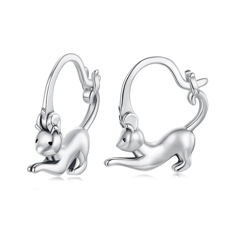 WOSTU Pet Cat Earrings Solid 925 Sterling Silver Lovely Cats Huggie Hoop Earrings Fine Jewelry gift For Family Daughter Girl