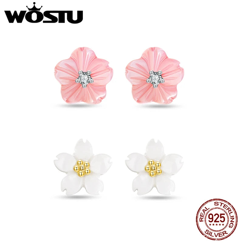 WOSTU Real 925 Sterling Silver Natural Pink Shell Flower Earrings 18K Gold Mini Sakura Flower Studs Party Wedding jewelry Gift