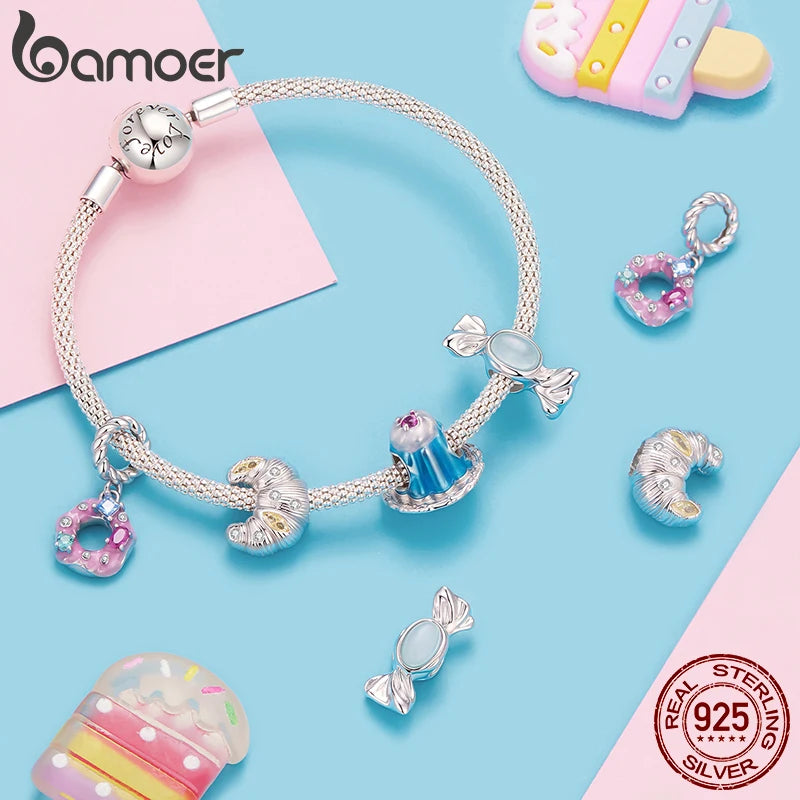 Bamoer 925 Sterling Silver Pink Donut Pendant Colorful Food Charm Candy Beads for Women Teen Sweet Bracelet Jewelry Accessories