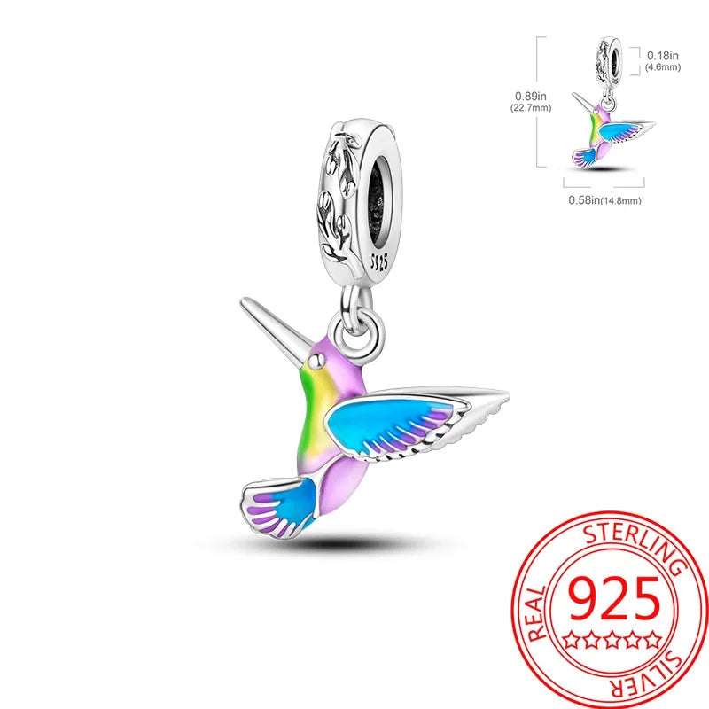Real S925 Sterling Silver Colorful Hummingbird Flowers Charms Spring Series Beads Fit Original Bracelets DIY Jewelry for Women