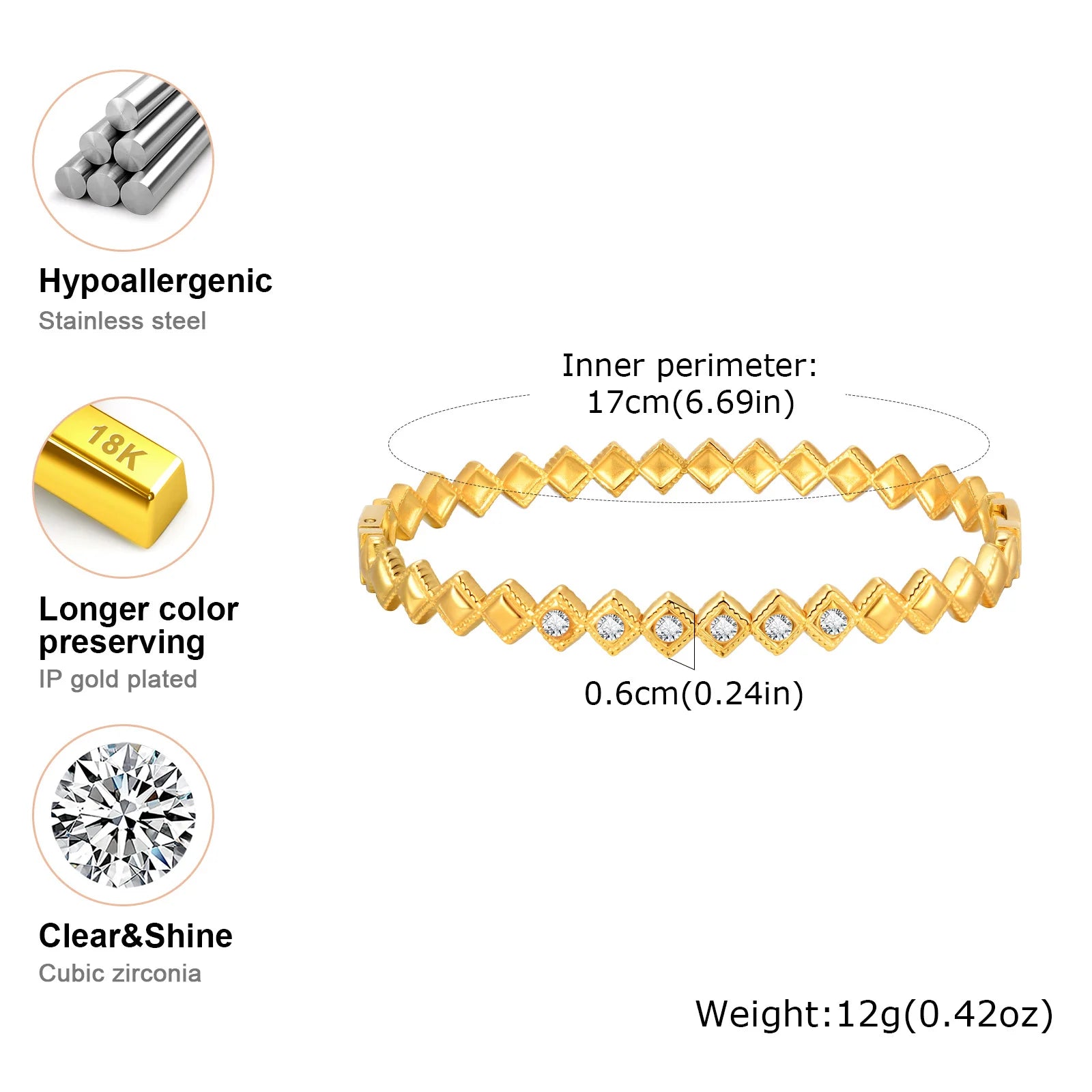 Vnox Romantic Zircon Cuff Bracelet For Women Geometric Fashion Lady Jewelry Stainless Steel Bangles Party Gold Color Never Fade - Madeinsea©