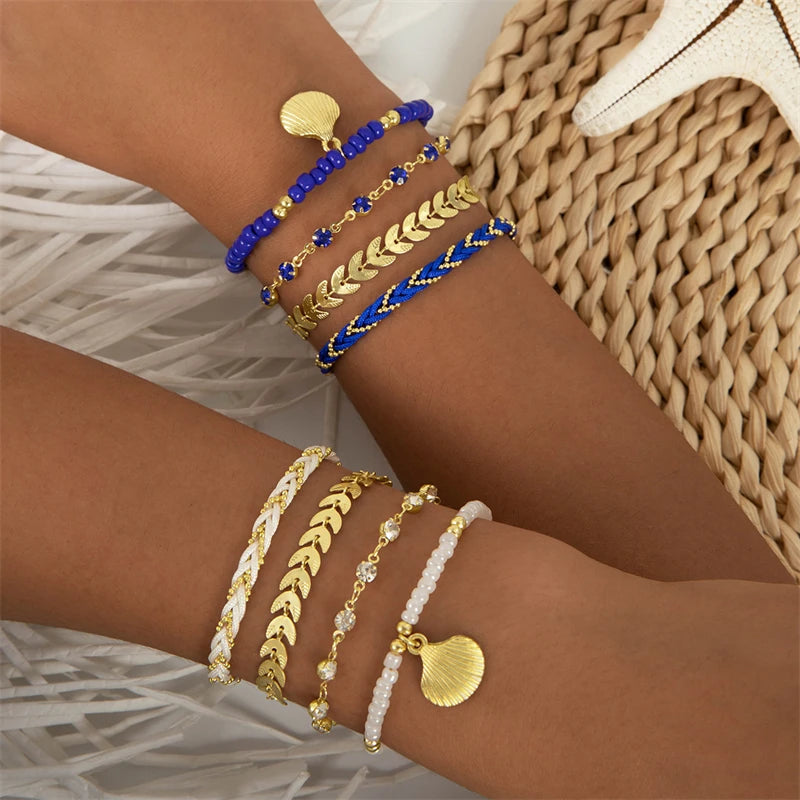 4pcs/set Bohemia Shell Bracelets for Women Ethnic Style Colorful Zircon Rice Beads Metal Chain Bangles Girl Summer Beach Jewelry