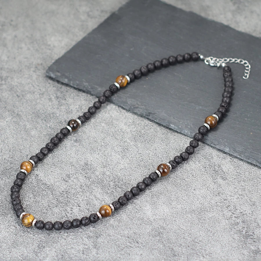 Stylish Natural Stone Necklace For Men Lava Tiger Eyes Howlite Hematite Healing Neck Accessories Hombre Stainless Steel Buckle