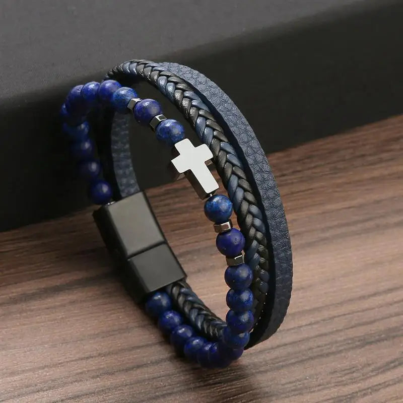 Fashion Cross Pendant MultiLayer Leather Bracelet for Men Women Classic Christian Prayer Christmas New Year Gift