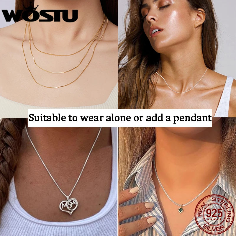 WOSTU 925 Sterling Silver Snake Chain Box Necklace 18k Gold Basic For Women Girls Fit Pendant&Charm Fine Jewelry Thin&Strong