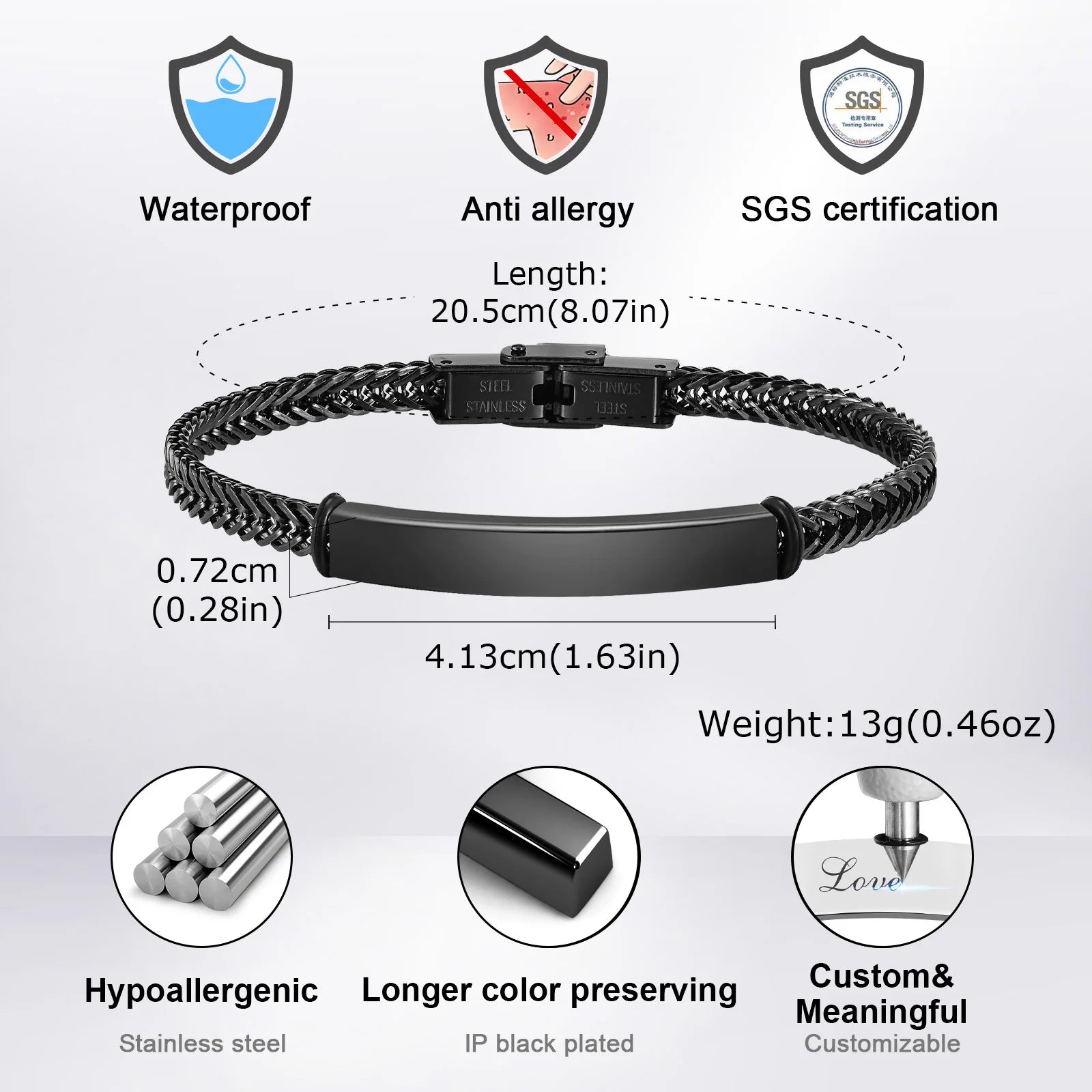 Vnox Custom Mens Mesh Band Bracelets, Engravable Black Stainless Steel Bangle,Simple Personalized Gift for Dad Fathers Day