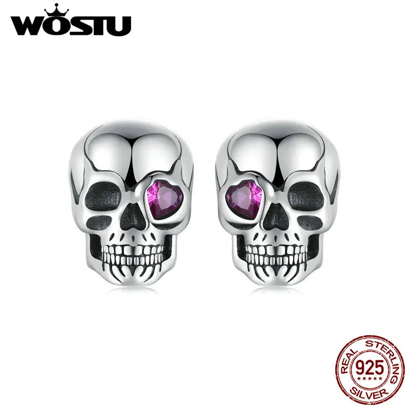 WOSTU Real 925 Sterling Silver Vintage Skull Stud Earrings For Women Rose red Heart Zircon Studs Earring Punk Jewelry Party Gift