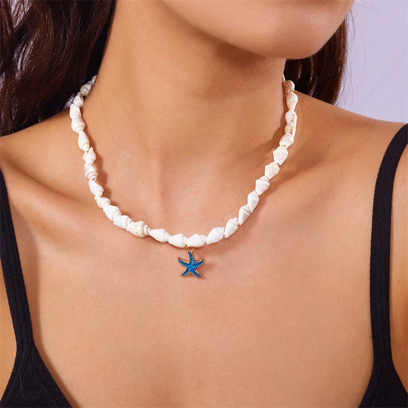 Vintage Bohemian Starfish Pendant Necklaces For Women Sea Shell Beaded Choker Neck Chain Girl Beach Party Banquet Jewelry Gifts