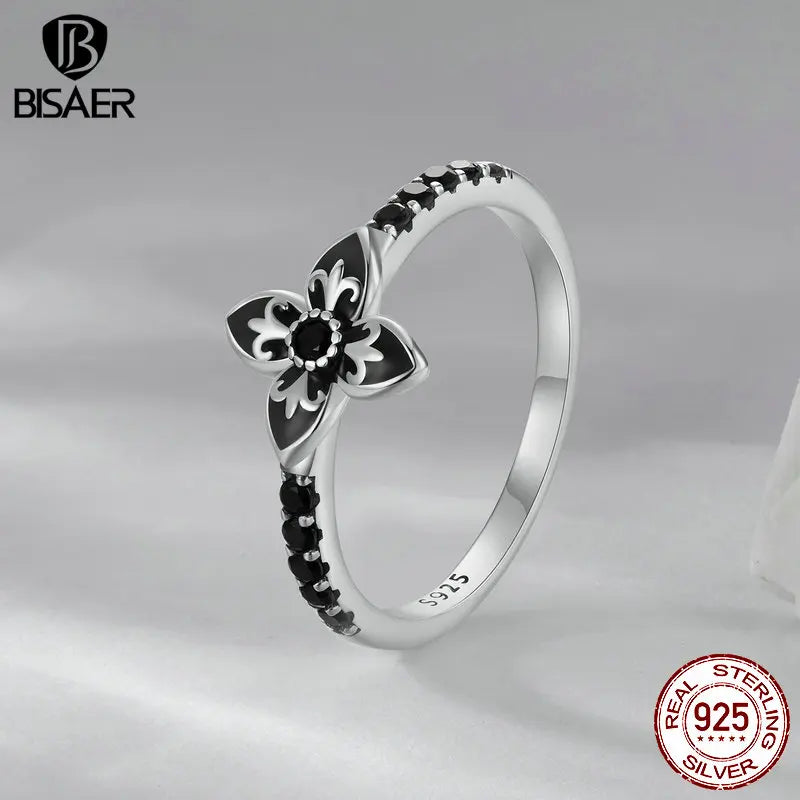 Bague BISAER en argent sterling 925 avec fleur de nuit et zircone noire pour femme - Cadeau original pour fête - ECR1075