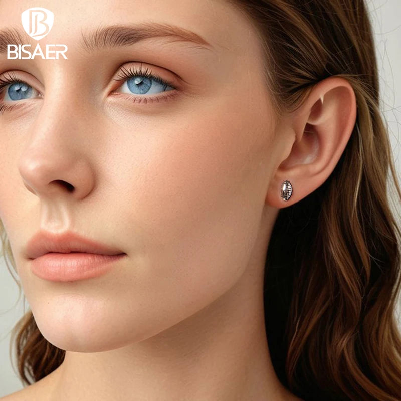 BISAER 925 Sterling Silver Ball Stud Earrings Basketball Baseball Football Volleyball Stud Ear for Women Party Fine Jewelry Gift