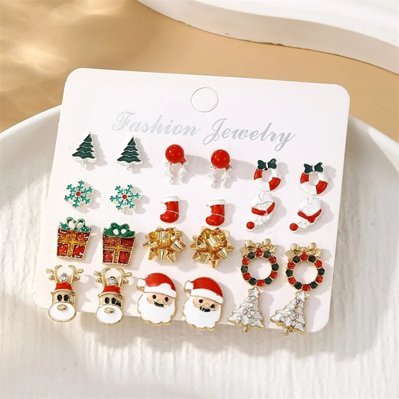 24pcs Christmas Combination Earrings Set for Women Small Shiny Zircon Xmas Tree Santa Claus Snowflake Earring Party Jewelry Gift
