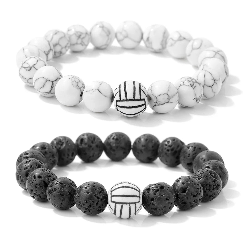 New 2Pcs Men Bracelet Set 10mm White Howlite Lava Stone Strand Braslet Basketball Football Baseball Braclet Handmade Pulseria