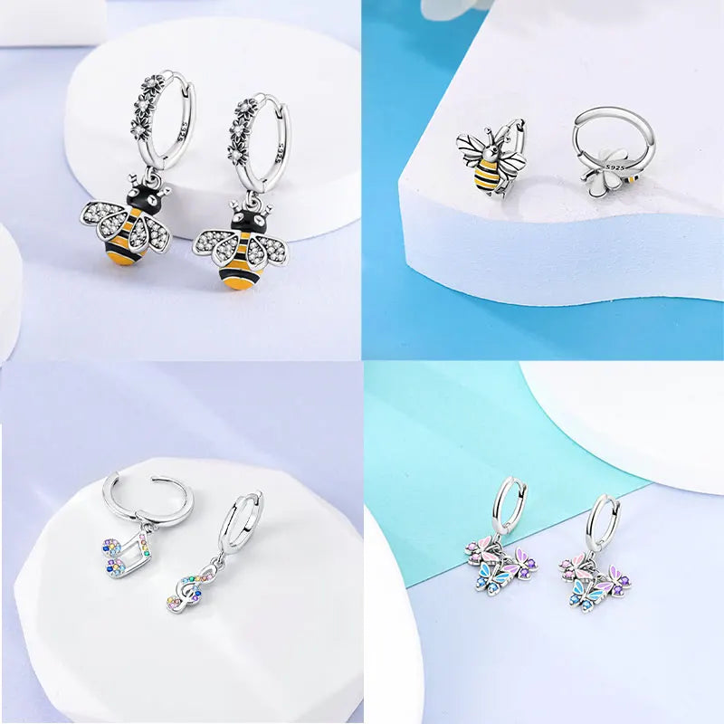 Hot Sale Bee Earrings For Girl Lovely Yellow Black Dancing Bee Happy S925 Hoop Earrings Birthday Gift Silver Jewelry