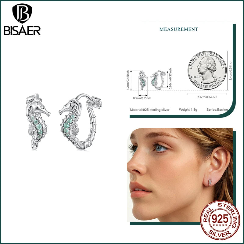 BISAER 925 Sterling Silver Seahorse Stud Earrings Starfish Turtle Fish Hoop Earrings for Party Unisex Fine Jewelry Holiday Gift