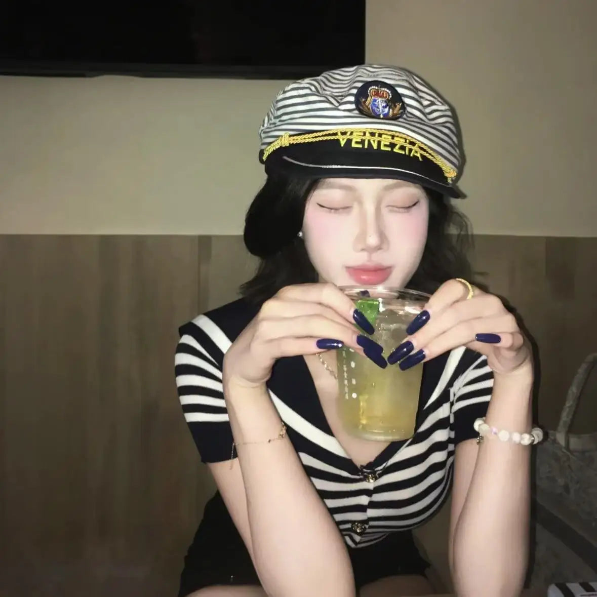 VENEZIA-Captain Navy Blue Cap, Striped Navy CapBurning man Party Cap for Cruise Ship Party，Adult Party，Cosplay，Outdoor