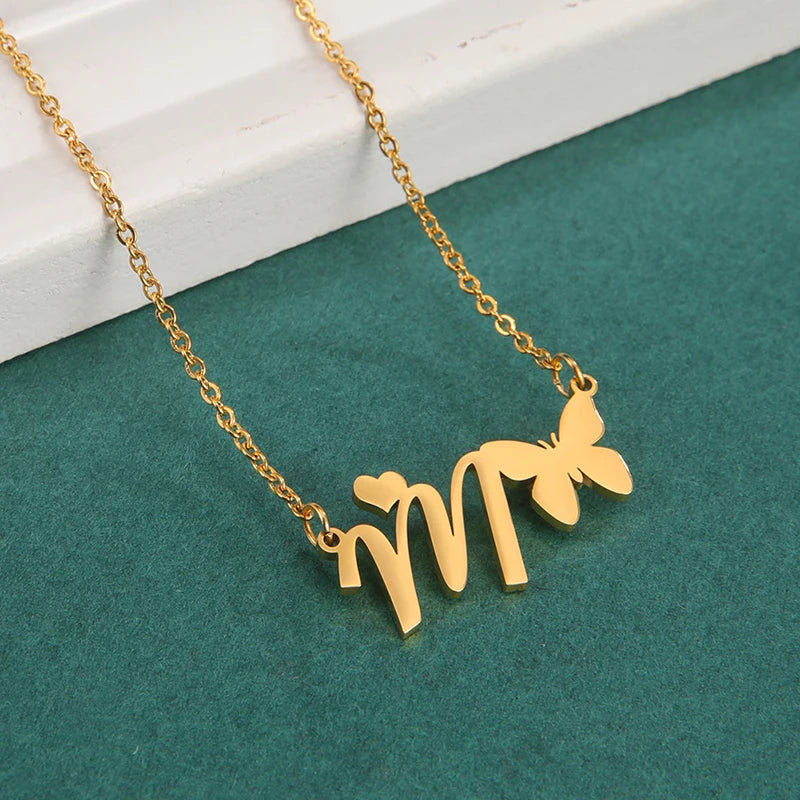 New Fashion 26 Initials Letter Pendant Butterfly Necklace for Women Elegant Stainless Steel Gold Color Necklace Jewelry Gift