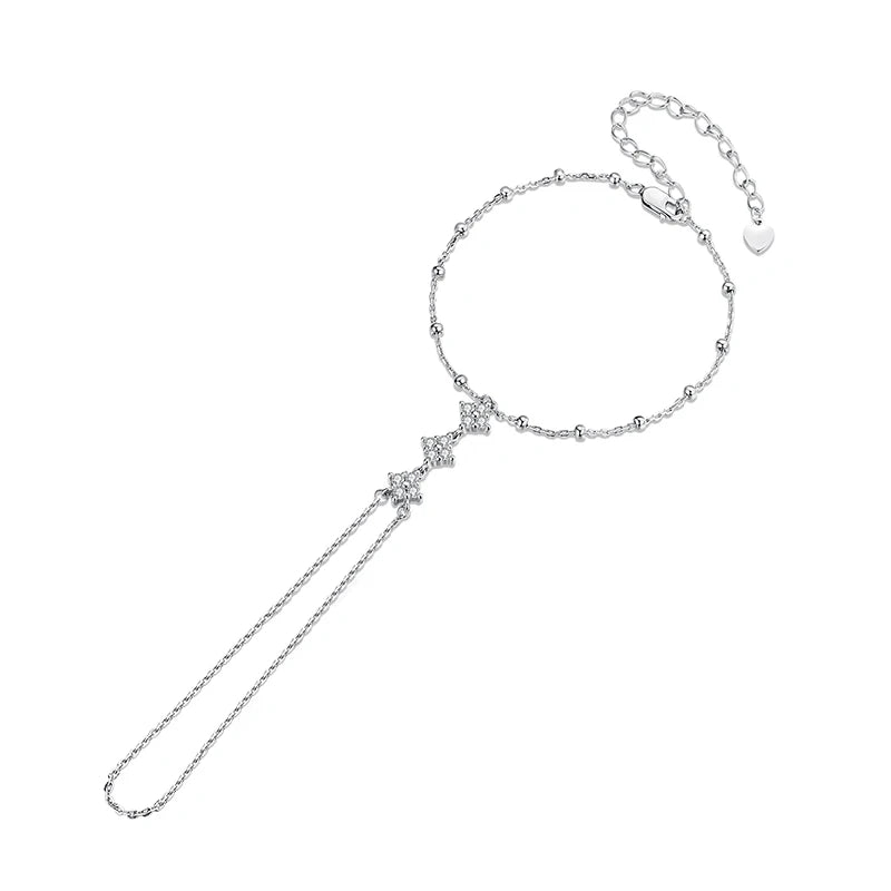 BAMOER 925 Sterling Silver Hand Chains Bracelet Dainty Four-leaf Clover CZ Bracelet Ring Chain for Women Summer Body Jewelry Set