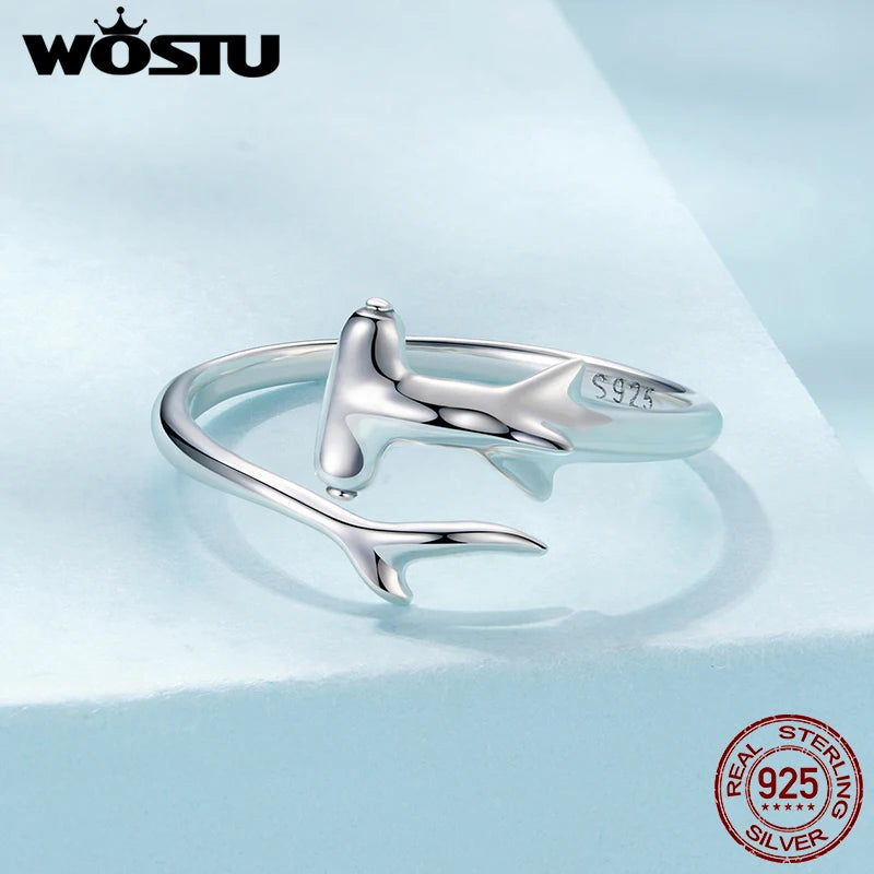WOSTU 925 Sterling Silver Hammerhead Shark Open Ring For Women , Original Ocean Animal Stacking Rings Holiday Fine Jewelry Gift