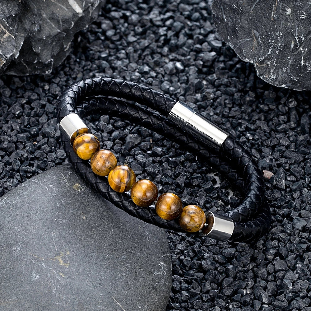MKENDN Fashion Mens Double Strand Bead Leather Bracelet Natural Tiger Eye Bead Steel and Leather Bracelet for Men Dad Son Gift
