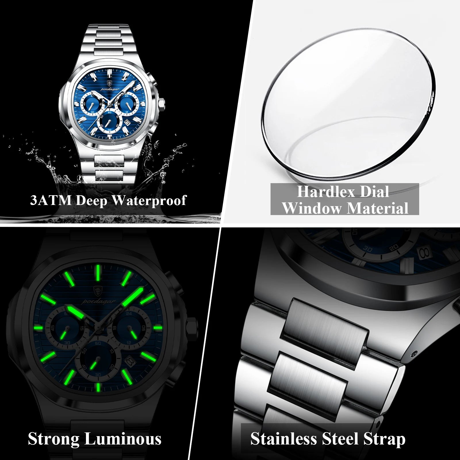 POEDAGAR Business Man Wristwatch Date Chronograph Waterproof Luminous Luxury Men Watch Stainless Steel Quartz Men's Watches Male - Madeinsea©