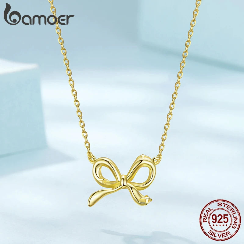 BAMOER 925 Sterling Silver Bowknot Chain Necklace Gold Plated Link Chain with Bow Choker for Women Girls Fashion Jewelry Gifts