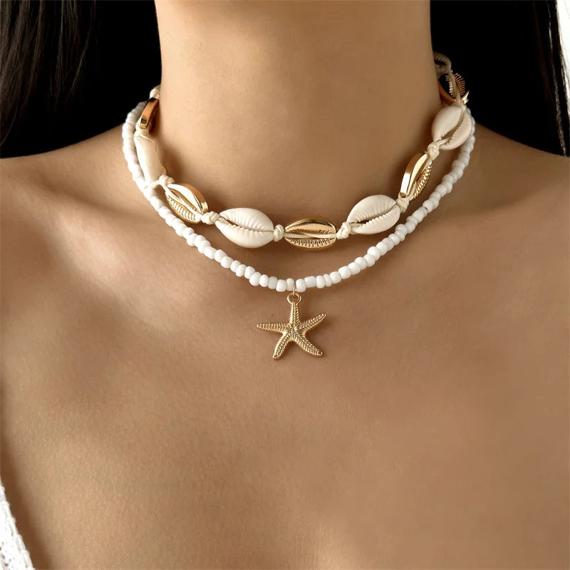 Mulitlayer Ocean Starfish Shells Pendant Necklace For Women Elegant Imitation Pearl Beads Choker Necklace Beach Party Jewelry - Madeinsea©