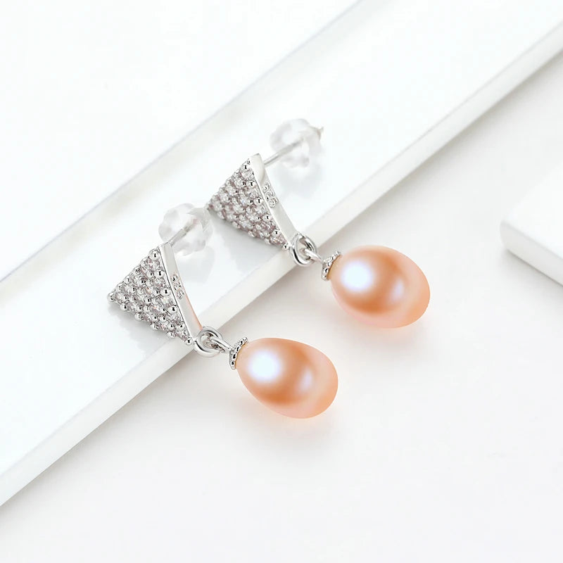OXTAO Freshwater Pearl Earring Upside Down Triangle Hanging Earrings For Women'S Stylish Jewelry Design Exquisite Shiny Gift