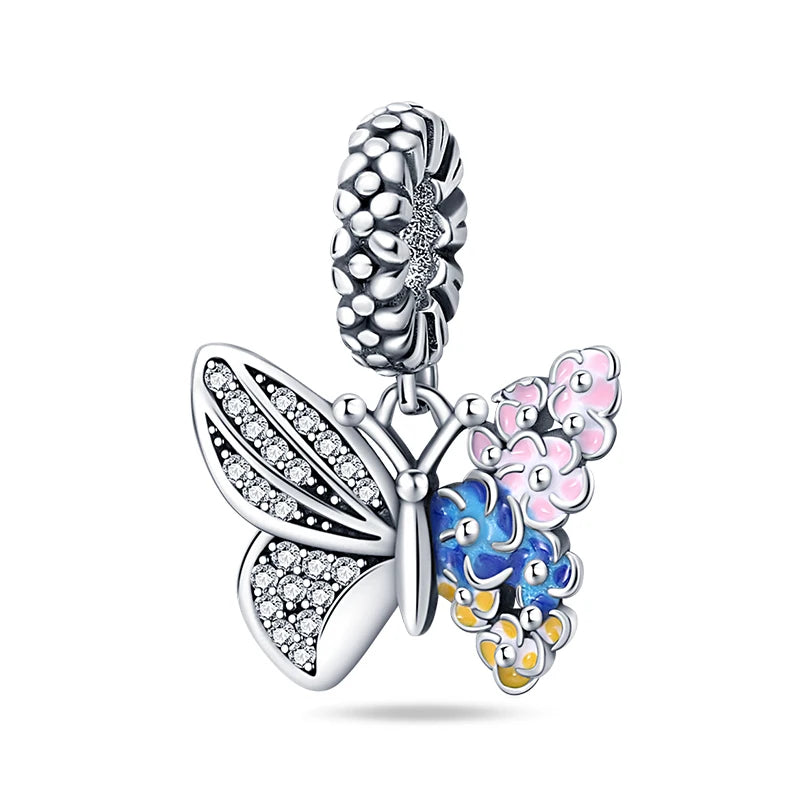 Springtime 925 Silver Gem Butterfly Dragonfly Flowers Charms Pendant Fit Pandach 925 Original Bracelets DIY Little Fresh Jewelry
