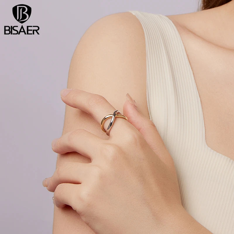 BISAER 925 Sterling Silver Two-tones Cross X Open Ring Minimalist Stackable Eternity Band Plated Gold for Women Fine Jewelry