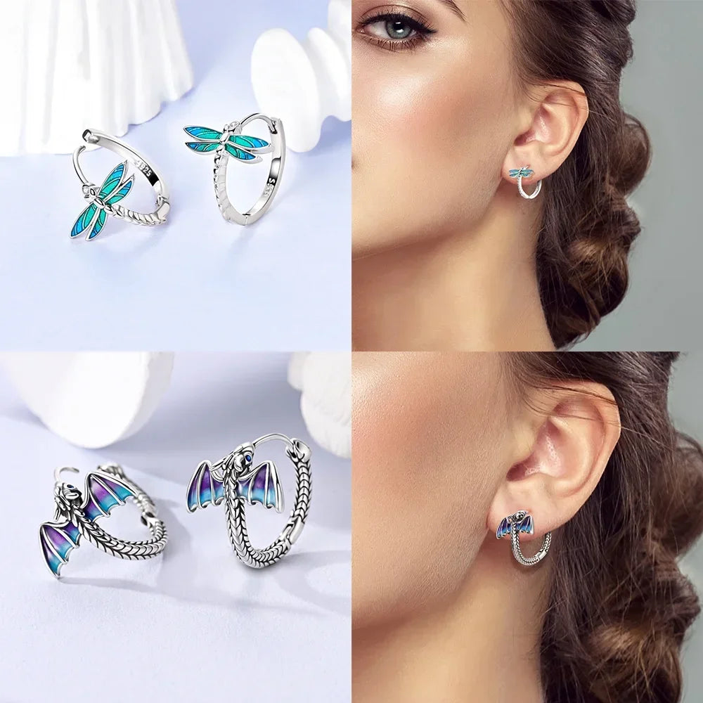 925 Sterling Silver Insect series butterflies luminous fireflies Hoop Earrings With Zircon for Wedding Party Women Jewelry Girls