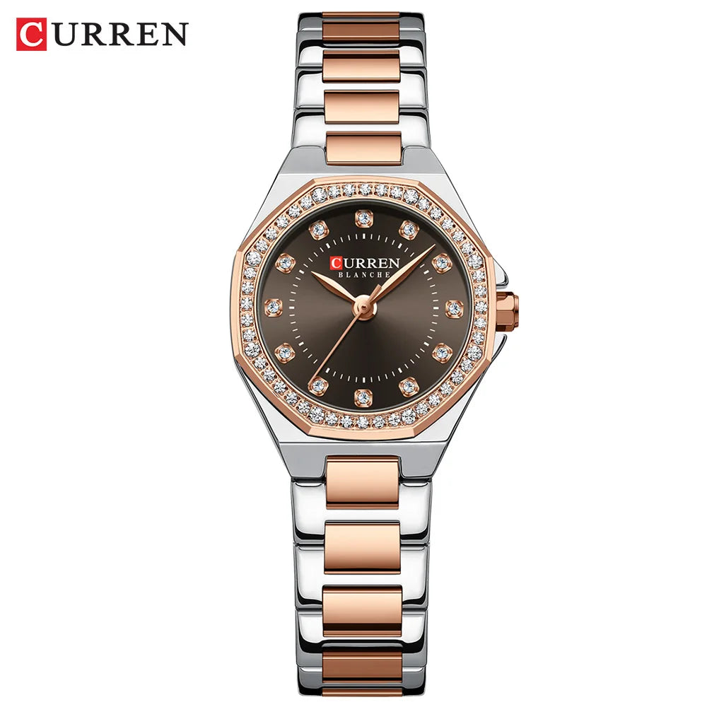 CURREN Luxury Elegance Watch for Women Simple Quartz Wristwatches with Sparkling Rhinestones Stainless Steel Bracelet Waterproof