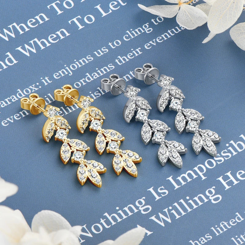 OXTAO Real 925 Silver Moissanite Leaf--Shape Earrings Hanging Tassel Earrings For Women High Quality Jewelry Length About 29mm