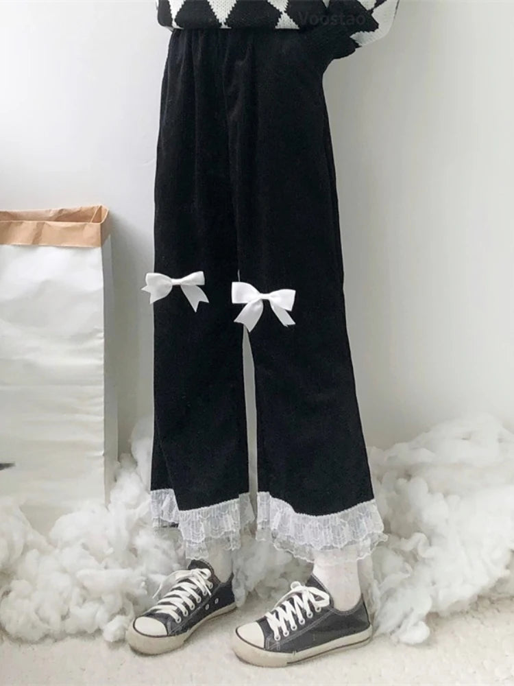 Japanese Lolita Women's Kawaii High Waist Corduroy Pants Sweet Bow Lace Wide Leg Pants Girly Harajuku Chic Loose Cute Trousers - Madeinsea©
