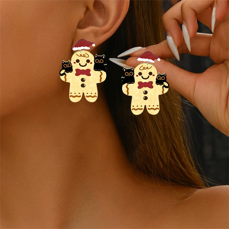 Christmas Gingerbread Man Black Cat Acrylic Dangle Earring for Women Cute Animal Elk Dog Xmas House Pendant Earrings Jewelry