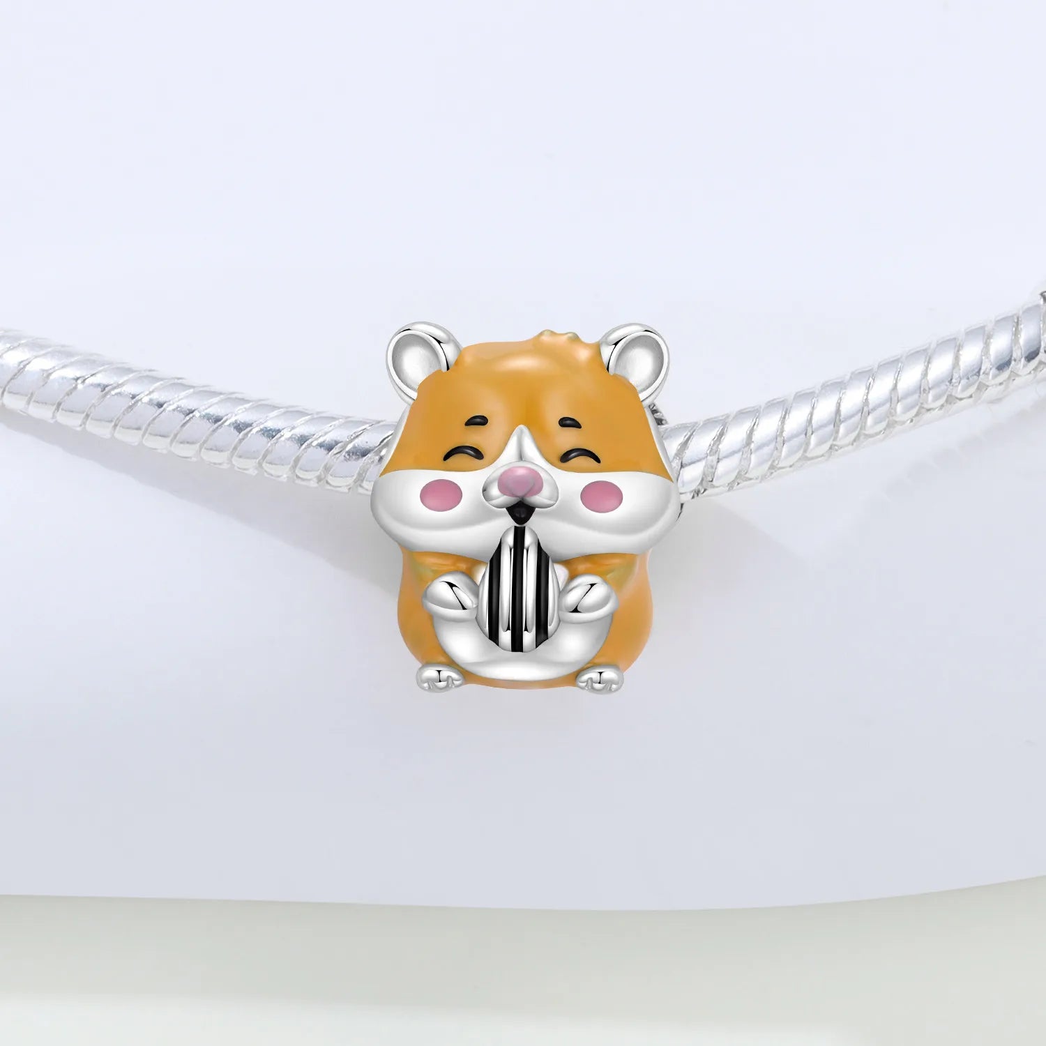 PANPOKI 925 Sterling Silver The Hamster Eating Melon Seeds Beads Original Pendant Bracelet Charm Jewelry Party DIY Trendy Gifts